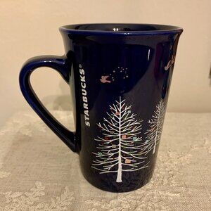 Starbucks 2019 Christmas Coffee /Tea Mug Navy Blue, Christmas Trees, Birds 10 oz
